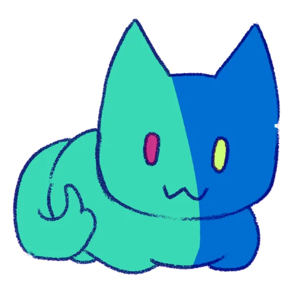 Stylized drawing of a chimera cat that is half teal, half blue. On its teal side, it has a yellow eye, while the eye on its blue side is bright pink.