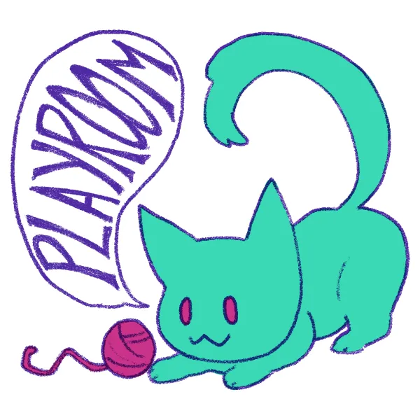 Stylized drawing of a teal cat with yellow eyes playing with pink yarn. Next to it is a speech bubble saying 'Playroom'.